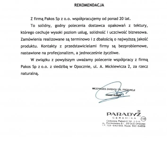 Referencje od firmy Ceramika Paradyż